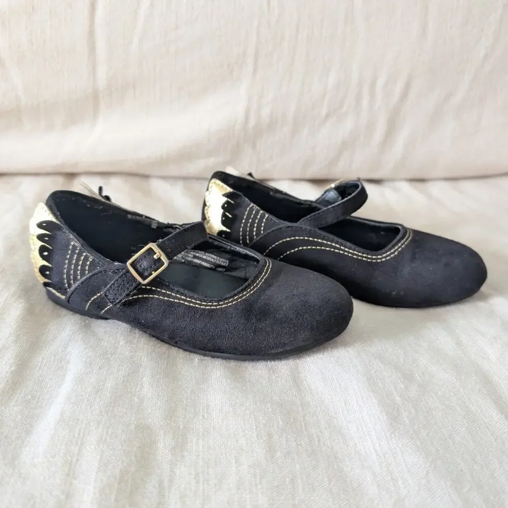 Cat & Jack Girls Black Gold Winged Mary Jane Flats Faux Suede size 9
